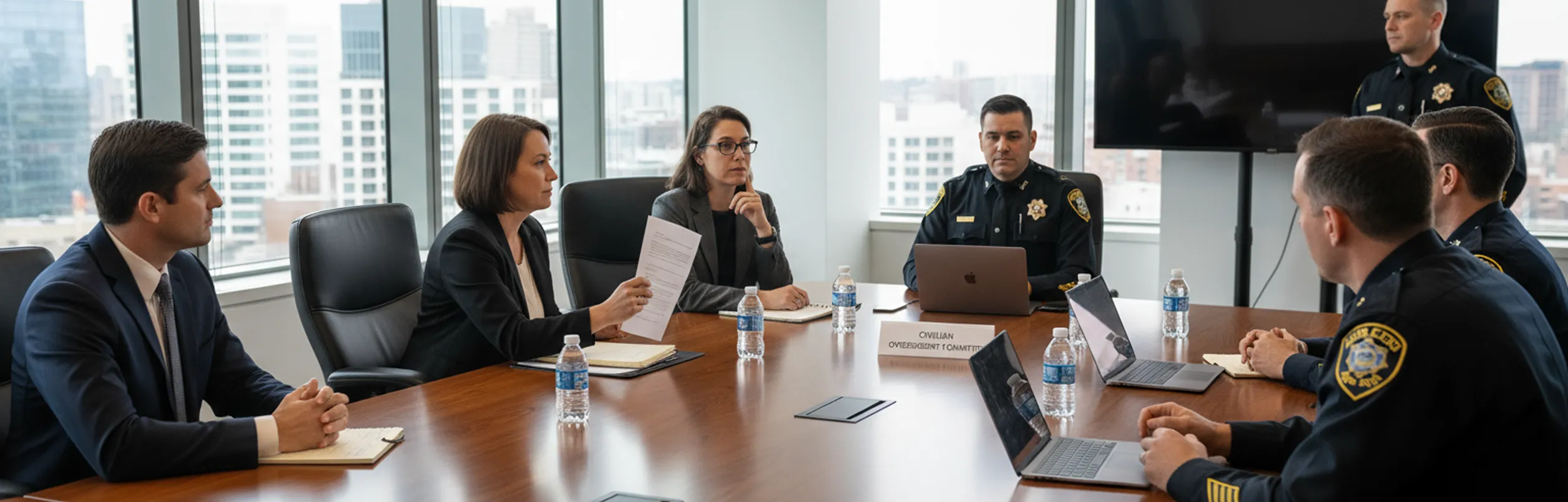 Community leaders and police officials meeting to review policing practices.