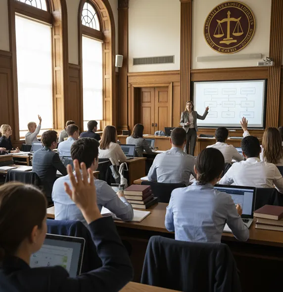 Public defenders working in a busy law library, symbolizing support for indigent defense offices.