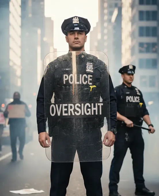 Police officers standing during a community oversight activity, representing transparency and accountability in policing.