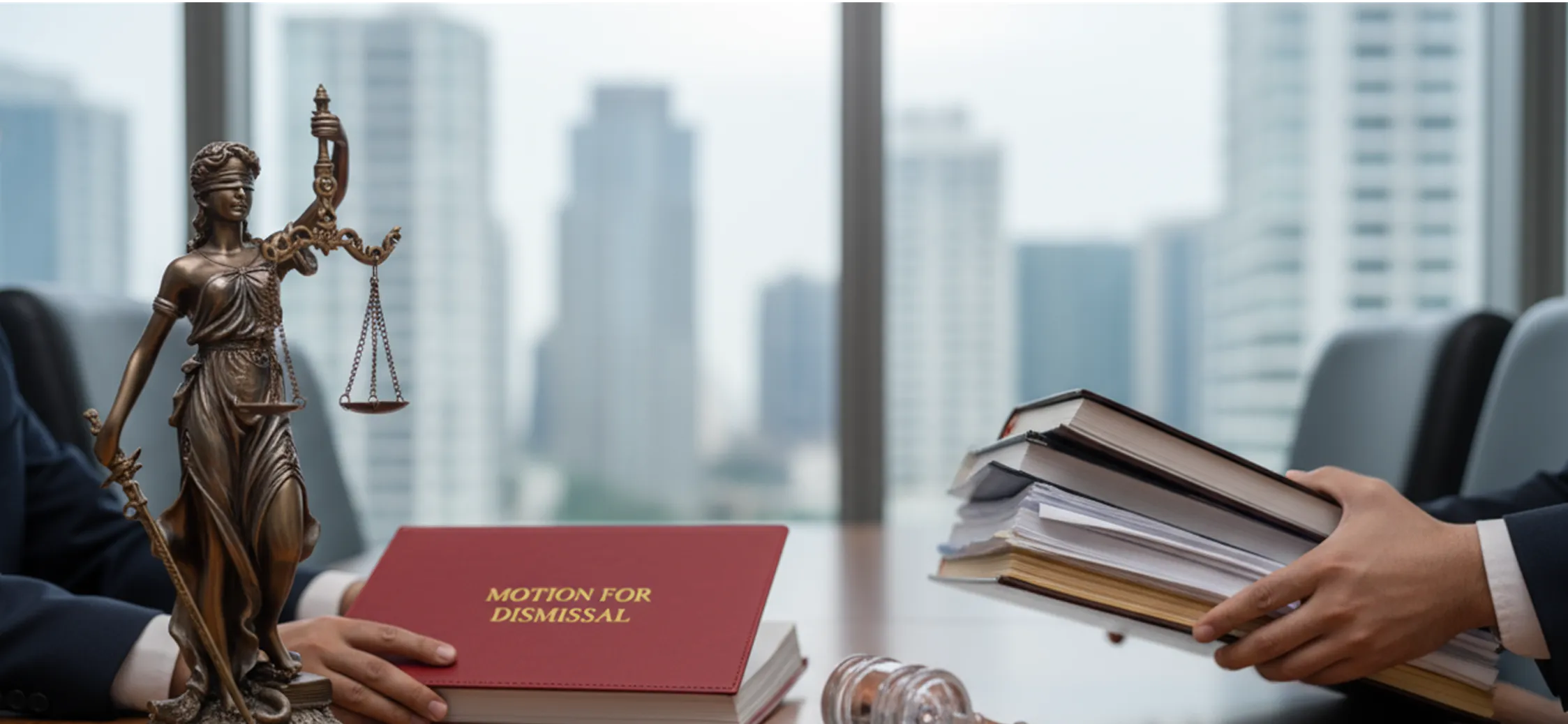Attorney reviewing dismissal documents with legal case files.