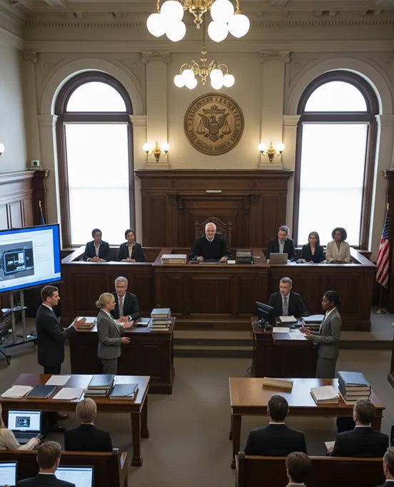A courtroom scene with attorneys and a judge, illustrating early case review and diversion opportunities.