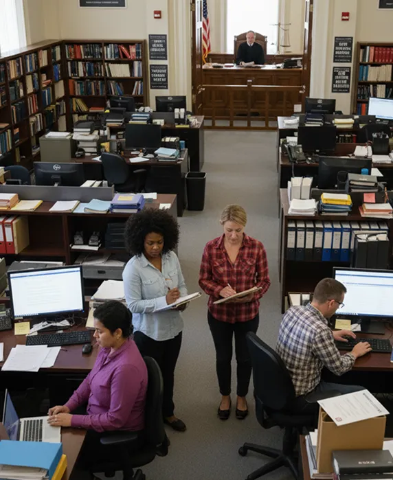 A classroom-style workshop with a presenter and attendees, representing legal rights education and advocacy training